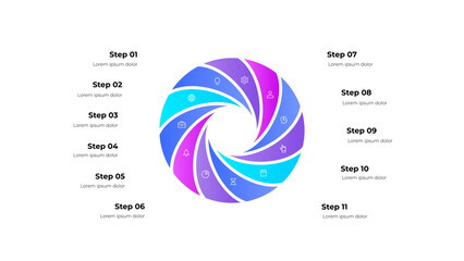 Circular infographic template with eleven steps, icons, and text placeholders, ideal for illustrating processes or workflows in presentations, business reports, or educational materials