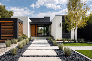 Modern Home with Concrete Stepping Stones and Black Pebble Landscaping Leading to Entrance