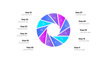 Circular infographic showcasing eleven distinct steps for process visualization. Each segment features unique icons and gradient colors, emphasizing progression and clear communication
