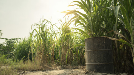 Corn plants growing in metal barrel under sunlight symbolize sustainable biofuel production