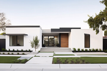 Modern minimalist home exterior with white walls wood door and concrete walkway