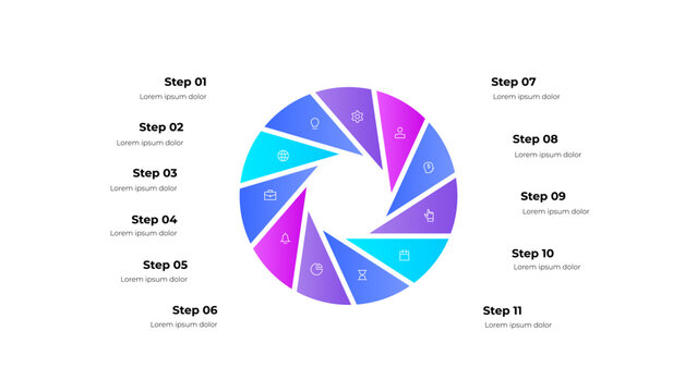 Circular infographic showcasing eleven distinct steps for process visualization. Each segment features unique icons and gradient colors, emphasizing progression and clear communication