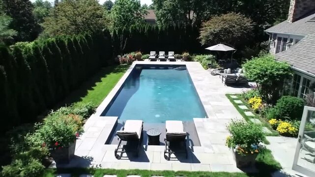 Luxury backyard pool and patio aerial view