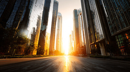 Golden Hour Illuminates Modern Cityscape with Towering Skyscrapers and Empty Street