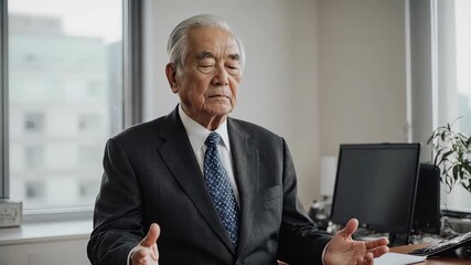Japanese Elderly Businessman Taking Deep Breaths in Bright Office, Elderly Morning Routine