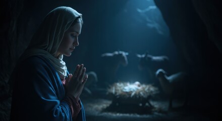 Fototapeta premium Mary praying and kneeling by the baby Jesus in the manger during the Nativity scene. Christmas religious event.