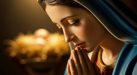 A woman, the virgin mary, praying in front of the nativity scene. Christmas concept, bible faith and hope. For religious holiday.
