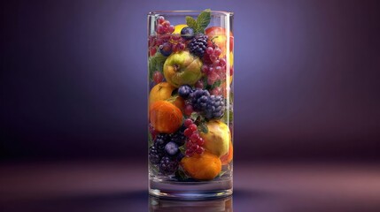 Glass filled with colorful assortment of fruit against a blurred purple background