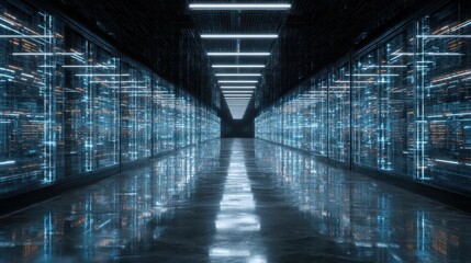 Server room with reflective floor for data storage, computing, IT operations