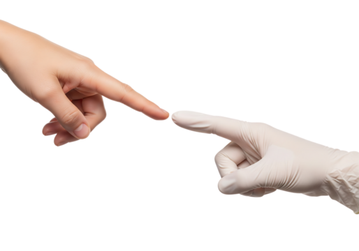 Doctor's gloved hand reaches for a bare hand, symbolizing care and connection. Isolated on transparent background, png