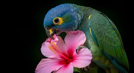 Blue And green Parrot Eating Pink Hibiscus Flower On Black Background