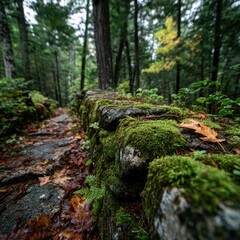 Obraz premium Moss-covered stone wall path in a forest