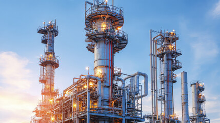 Industrial refinery towers against blue sky process biofuel efficiently