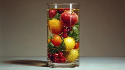 Clear glass cylinder filled with colorful mixed fruit and green leaves, lit dramatically