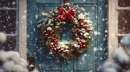 Festive Holiday Wreath on Snowy Door Welcoming Winter Season - Christmas Decoration Concept
