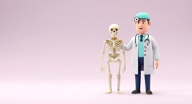 3d cartoon illustration, funny cartoon skeleton doctor holding a part of the skeleton, saying a joke, positioned on the right side with airy pastel style and side lighting