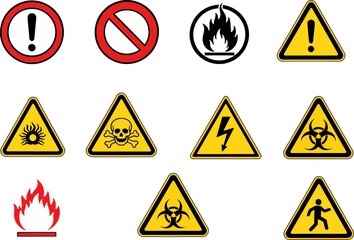 Collection of hazard and safety warning signs in flat vector style. Includes fire hazard, toxic, biohazard, electrical danger, and general caution symbols. Perfect for safety manuals, industrial signs
