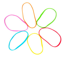 Colorful rubber bands isolated on white background, top view	