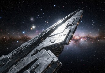 Obraz premium Futuristic Spacecraft Flying Through Starry Galaxy in Deep Space