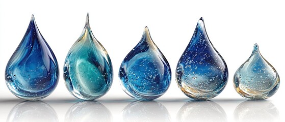 Glass teardrop sculptures in varying shades of blue