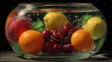 Glass bowl filled with vibrant, colorful fruits, immersed in water, creating refraction effects