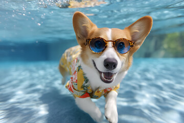 Corgi Cool Pup's Underwater Swim with Style and Sunglasses in Serene Pool