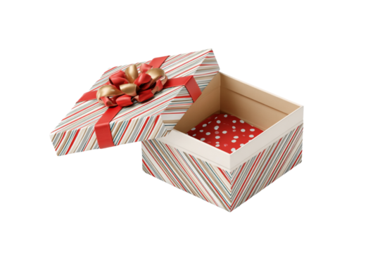  Opened gift box with flag-themed wrapping paper and badge, isolated, transparent background