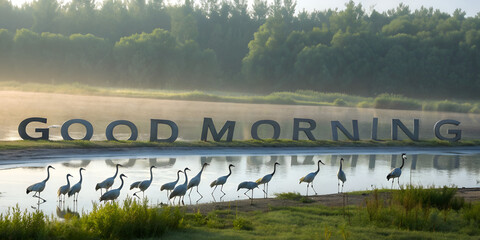 Misty riverbank at sunrise with golden light reflections and villagers greeting Good Morning in sky