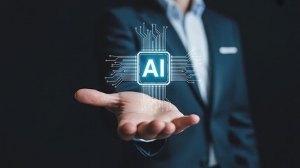 Man in suit holding A I chip graphic with circuit lines on open palm artificial intelligence technology