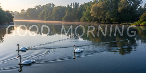 Misty riverbank at sunrise with golden light reflections and villagers greeting Good Morning in sky