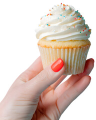 Hand holding a delicious cupcake topped with cream and colorful sprinkles against a clean background