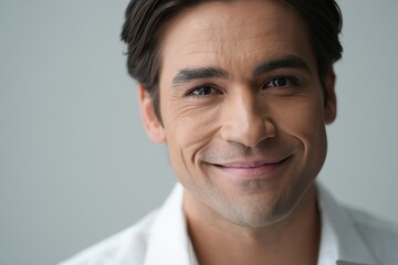 Portrait of handsome man smiling close up headshot attractive male model with dark hair eyes
