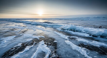 Frozen Arctic Sea Ice Landscape at Sunrise with Icy Cracks and Calm Atmosphere