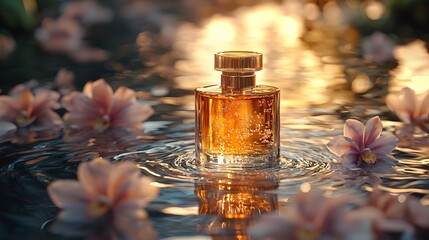 Elegant perfume bottle floats in shallow water surrounded by soft pink flowers, bathed in warm golden sunset light. A serene, luxurious composition evoking beauty, tranquility