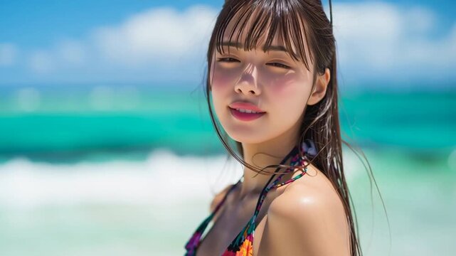 海の背景と美女のポートレート