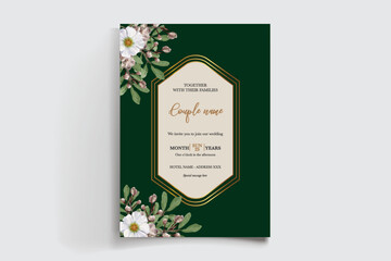 WEDDING INVITATION FRAME WITH FLOWER DECORATIONS AND FRESH LEAVES
