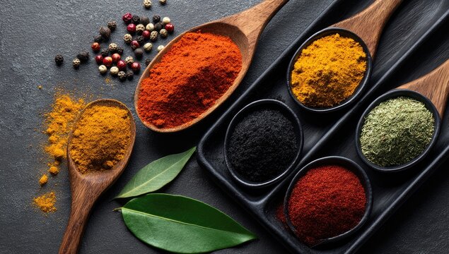 Colorful spices in wooden spoons and bowls on a dark slate surface