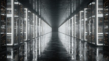 Data center server room, lights glowing, servers running. Industry, technology use