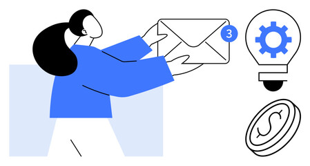 Woman holding an envelope with alert icon, accompanied by a gear-filled light bulb symbolizing innovation and progress, and a coin for financial themes. Ideal for technology, communication