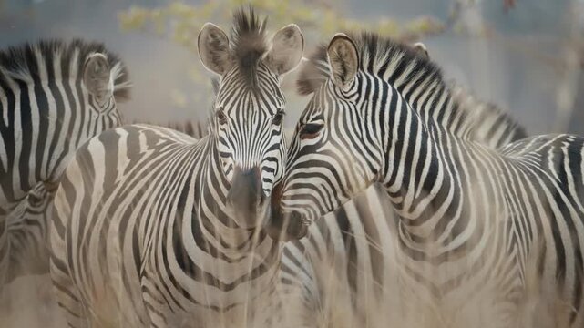 A tight group of zebras standing close together in tall grass in Zimbabwe, captured in telephoto slow motion, interacting with each other while some look directly at the camera