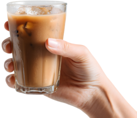 Person holding a glass of iced coffee with ice cubes, bright background, ideal for food and drink themes