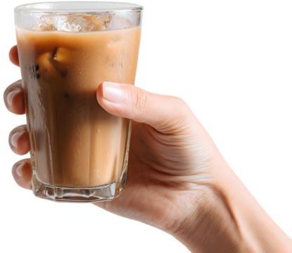 Person holding a glass of iced coffee with ice cubes, bright background, ideal for food and drink themes