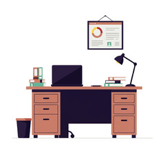 Organized workspace with laptop, desk, files, and lamp.