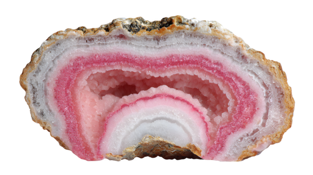 Rhodochrosite stalactite slice, concentric pink and white bands, natural unpolished surface, isolated on Transparent background