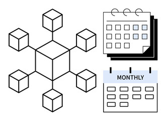 Cube-connected blockchain network alongside weekly and monthly calendars. Ideal for data management, scheduling, organization, technology, planning, productivity, teamwork, simple flat metaphor