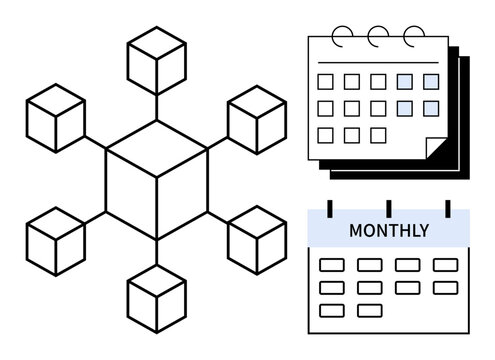 Cube-connected blockchain network alongside weekly and monthly calendars. Ideal for data management, scheduling, organization, technology, planning, productivity, teamwork, simple flat metaphor
