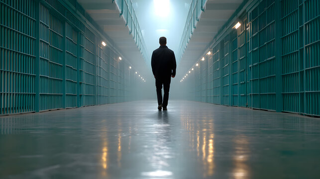 A man walks down a prison corridor, towards a light, seeking escape and freedom.