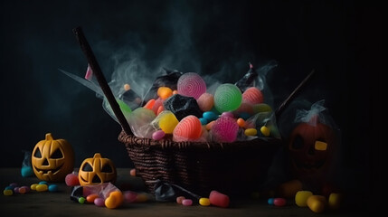 Halloween candy basket with wrapped treats and jack-o'-lanterns, perfect for a spooky celebration. Treats and decorations abound.