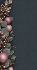 Naklejka premium Festive border of rose gold ornaments and eucalyptus on dark wood