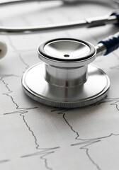 Close up of a stethoscope resting on an electrocardiogram paper